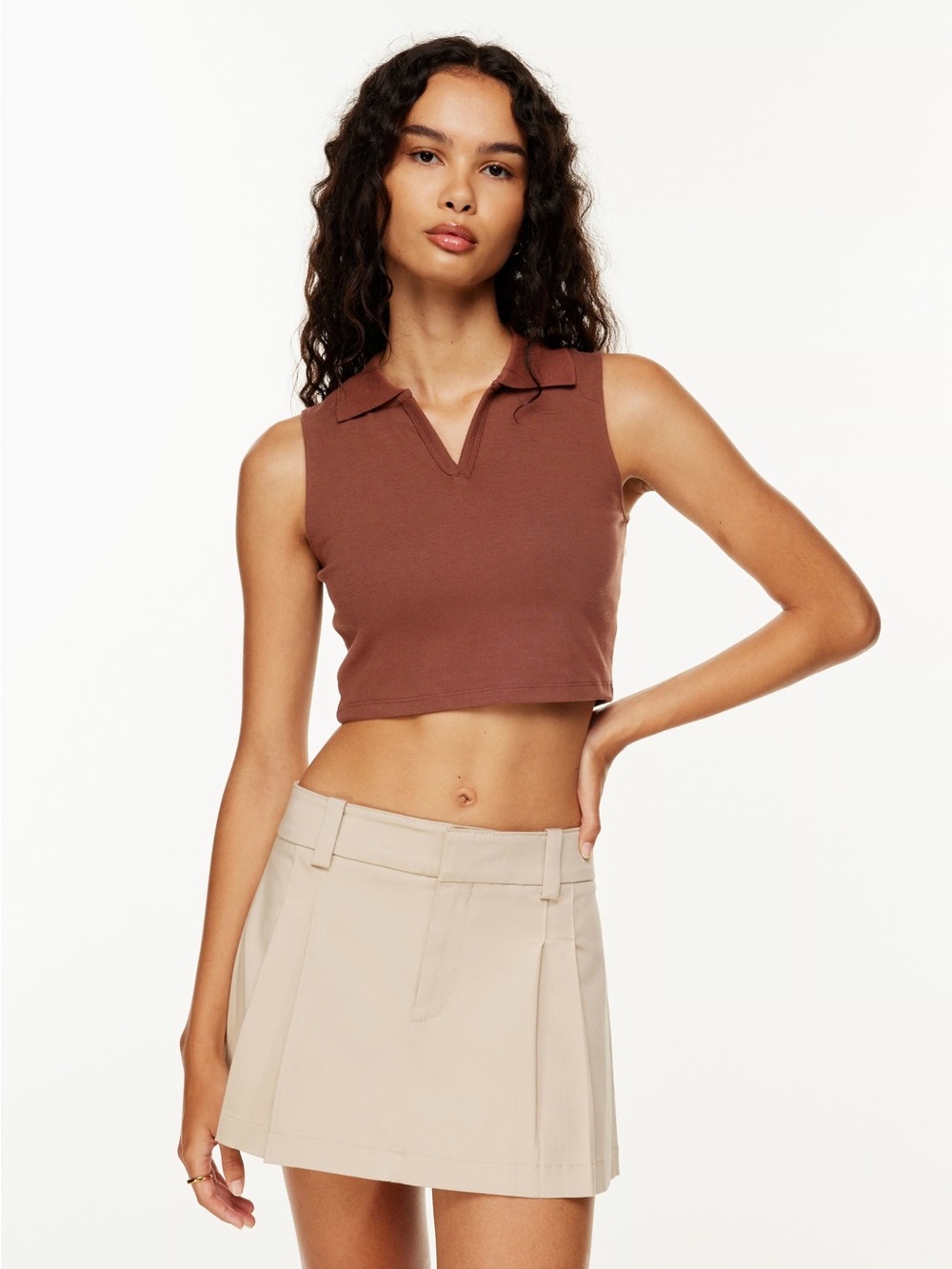 Sunday Best Brown Collared Sleeveless Polo Crop Top